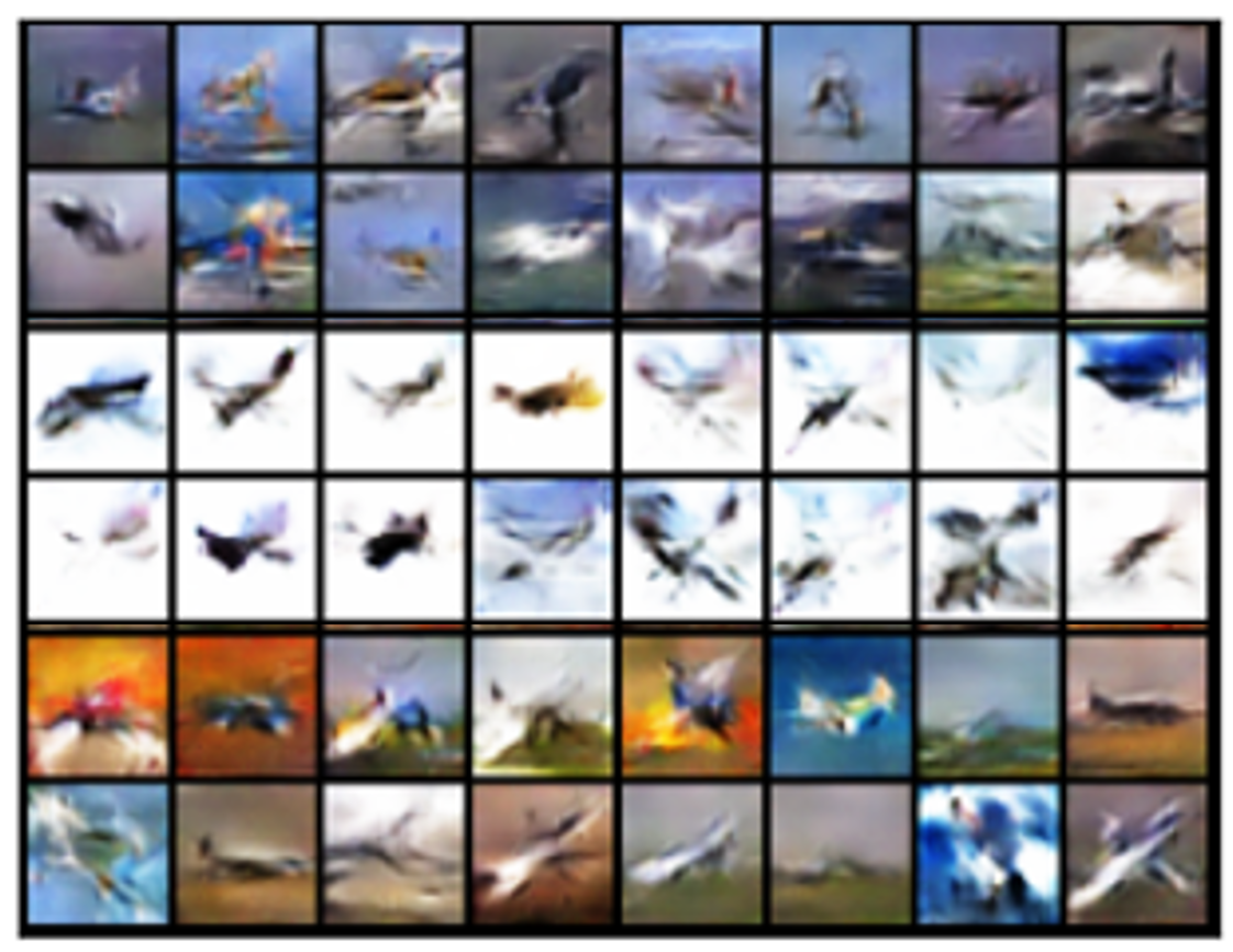 Figure 5.14 : Visualization of replayed images 𝒙 ^ o ​ l ​ d \hat{\bm{x}}_{old} over^ start_ARG bold_italic_x end_ARG start_POSTSUBSCRIPT italic_o italic_l italic_d end_POSTSUBSCRIPT of class 1-‘airplane’ in CIFAR-10, before (left) and after (right) one reviewing cycle.