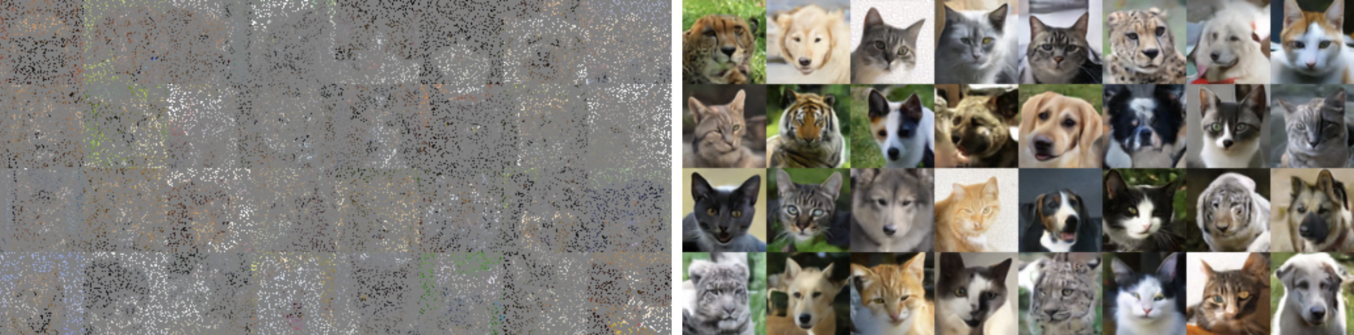 Figure 6.7 : Sampling visualizations from models trained via ambient diffusion [ DSD+23a ] with 80% of the pixels masked. Using a similar ratio of masked pixels as in Figure 6.6 , the ambient diffusion sampling algorithm recovers a much sharper image than the blurry image recovered by the MAE-based method. The former method samples from the distribution of natural images, while the latter approximates the conditional expectation (i.e., average) of this distribution given the observation; this averaging causes the blurriness.
