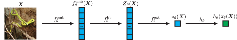 Figure 7.1 : A diagram of the encoder pipeline. Data 𝑿 ∈ 𝒟 \bm{X}\in\mathcal{D} bold_italic_X ∈ caligraphic_D is fed through the embedding f θ emb f_{\theta}^{\mathrm{emb}} italic_f start_POSTSUBSCRIPT italic_θ end_POSTSUBSCRIPT start_POSTSUPERSCRIPT roman_emb end_POSTSUPERSCRIPT to get a sequence in ( ℝ d ) ∗ (\mathbb{R}^{d})^{*} ( blackboard_R start_POSTSUPERSCRIPT italic_d end_POSTSUPERSCRIPT ) start_POSTSUPERSCRIPT ∗ end_POSTSUPERSCRIPT . The embedding is fed through a backbone f θ bb f_{\theta}^{\mathrm{bb}} italic_f start_POSTSUBSCRIPT italic_θ end_POSTSUBSCRIPT start_POSTSUPERSCRIPT roman_bb end_POSTSUPERSCRIPT to get features 𝒁 θ ​ ( 𝑿 ) \bm{Z}_{\theta}(\bm{X}) bold_italic_Z start_POSTSUBSCRIPT italic_θ end_POSTSUBSCRIPT ( bold_italic_X ) for each token. We can extract an aggregate feature 𝒛 θ ​ ( 𝑿 ) \bm{z}_{\theta}(\bm{X}) bold_italic_z start_POSTSUBSCRIPT italic_θ end_POSTSUBSCRIPT ( bold_italic_X ) using the extraction map f θ ext f_{\theta}^{\mathrm{ext}} italic_f start_POSTSUBSCRIPT italic_θ end_POSTSUBSCRIPT start_POSTSUPERSCRIPT roman_ext end_POSTSUPERSCRIPT . Finally, to use the aggregate feature in downstream tasks, we can use the task-specific head h θ h_{\theta} italic_h start_POSTSUBSCRIPT italic_θ end_POSTSUBSCRIPT .