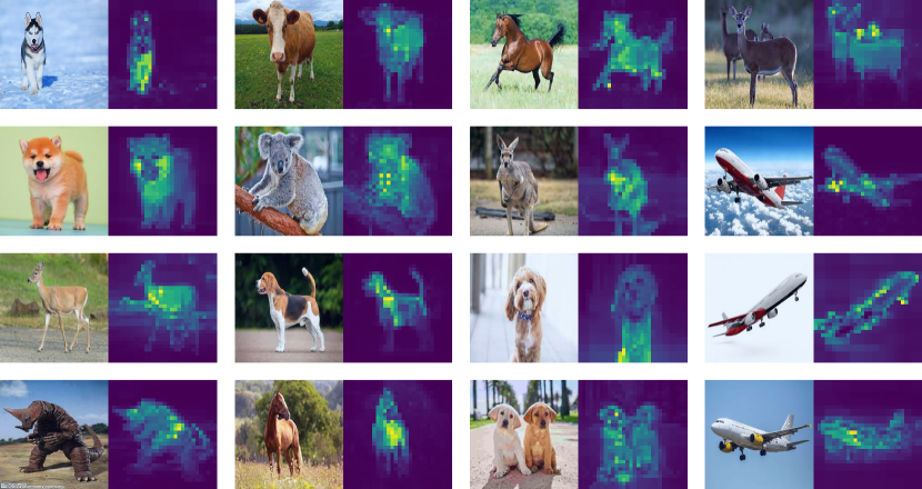 Figure 7.20 : Saliency maps of CRATE-MAE. Each pair of images consists of the original image (left) and a selected saliency map (right) corresponding to an attention head in the last layer. As is usual for CRATE models, but unusual for general transformer-like models, the saliency maps correspond to the objects in the input image.